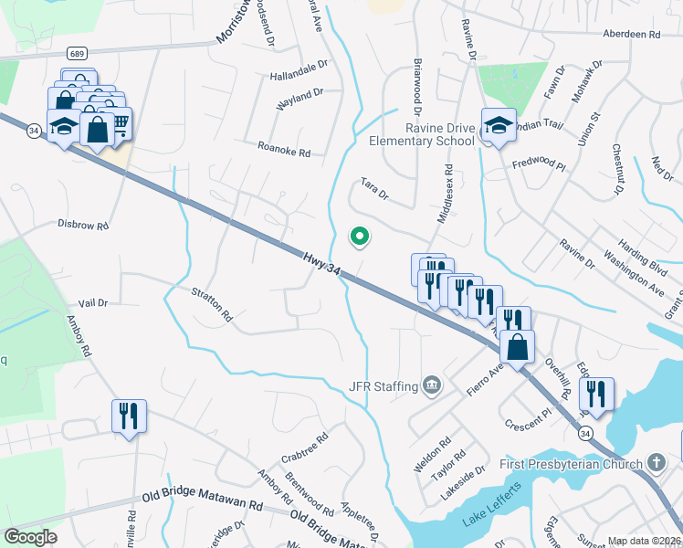 map of restaurants, bars, coffee shops, grocery stores, and more near 10 Sasha Court in Matawan