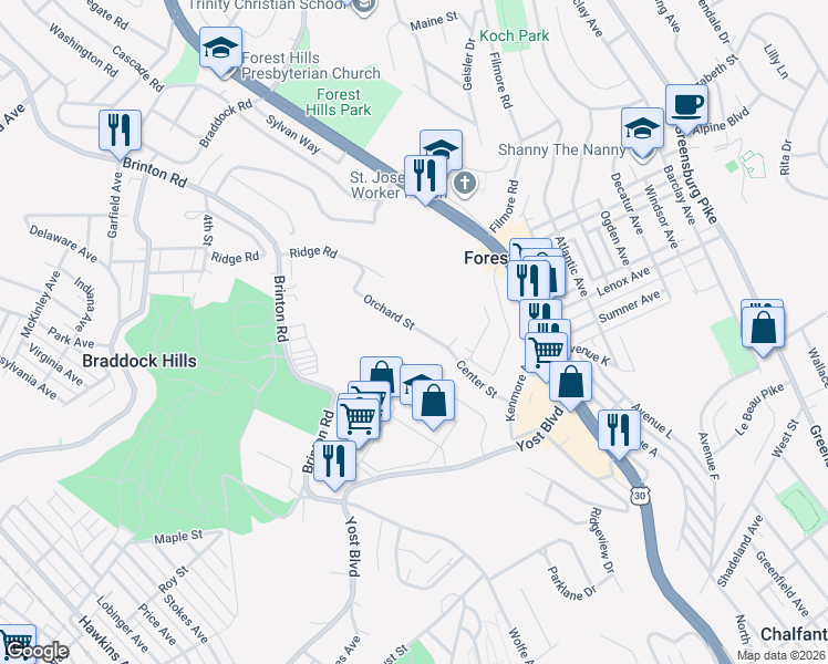 map of restaurants, bars, coffee shops, grocery stores, and more near 122 Center Street in Pittsburgh