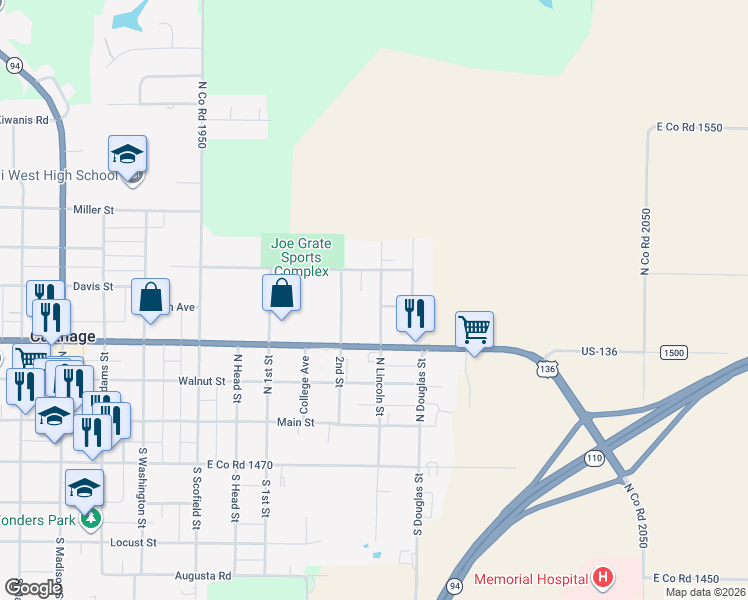 map of restaurants, bars, coffee shops, grocery stores, and more near 200-398 2nd Street in Carthage