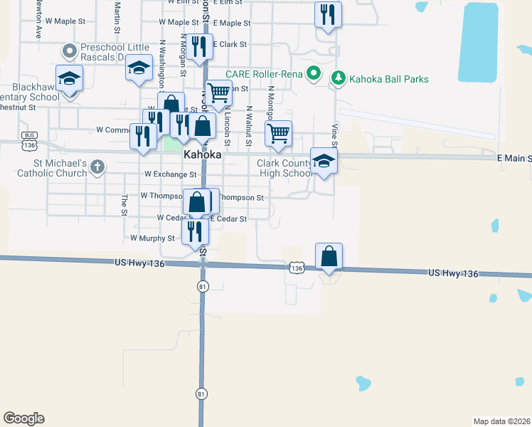 map of restaurants, bars, coffee shops, grocery stores, and more near 385 East Cedar Street in Kahoka