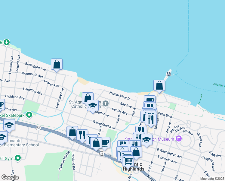 map of restaurants, bars, coffee shops, grocery stores, and more near 20 Harbor View Drive in Atlantic Highlands
