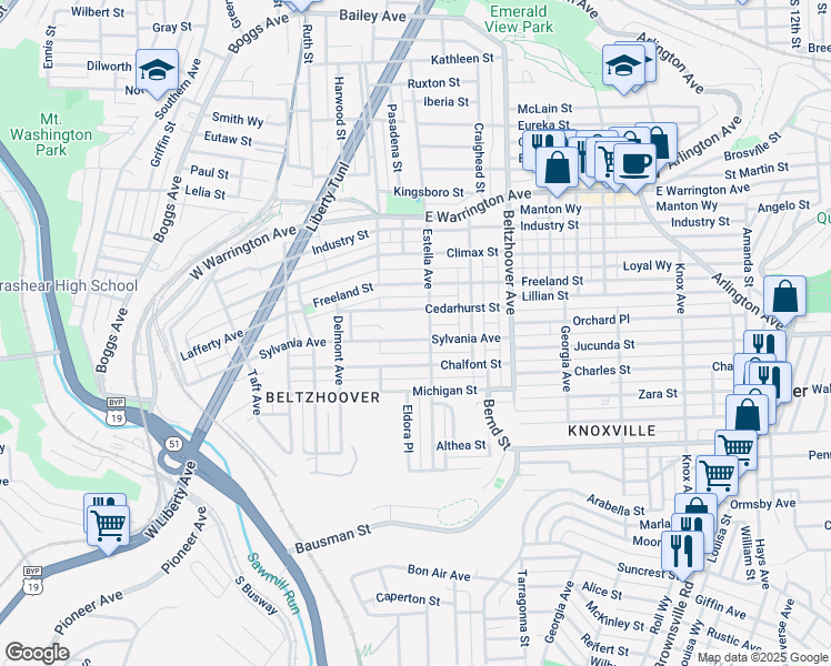 map of restaurants, bars, coffee shops, grocery stores, and more near 337 Sylvania Avenue in Pittsburgh