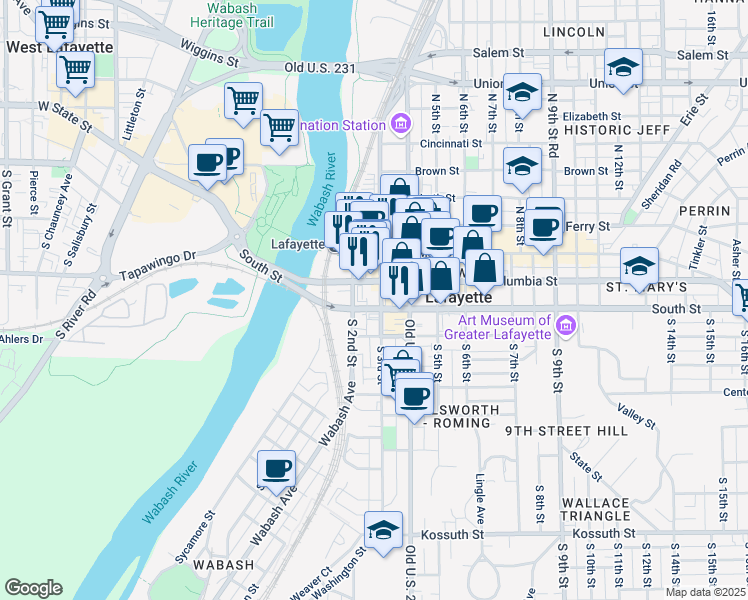 map of restaurants, bars, coffee shops, grocery stores, and more near 8 North 3rd Street in Lafayette