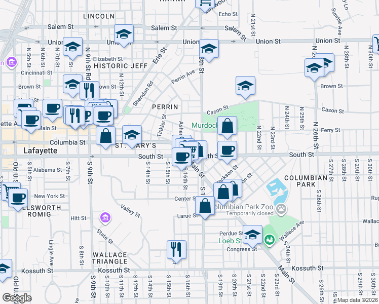 map of restaurants, bars, coffee shops, grocery stores, and more near 1534 Main Street in Lafayette