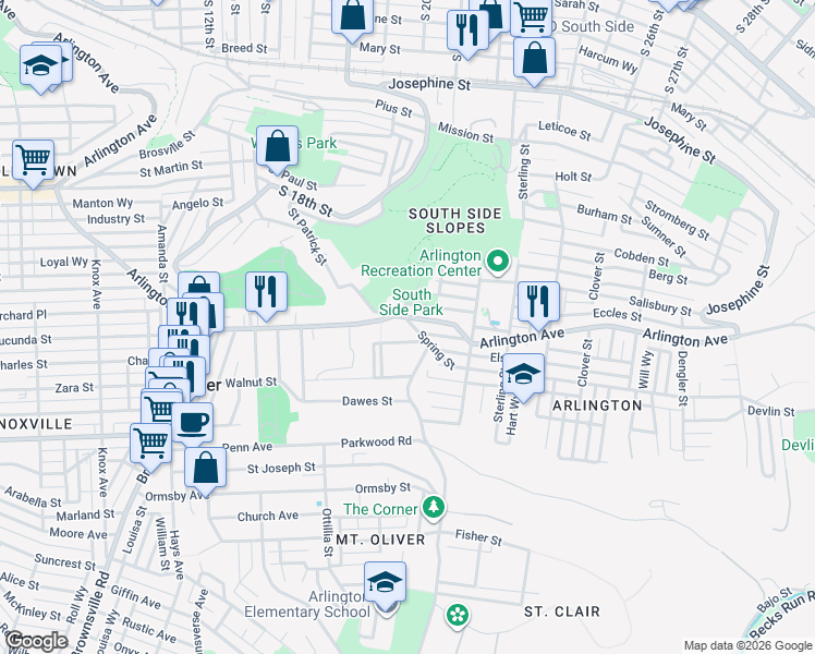 map of restaurants, bars, coffee shops, grocery stores, and more near 2002 Spring Street in Pittsburgh