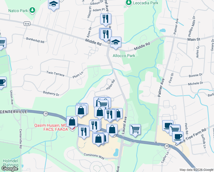 map of restaurants, bars, coffee shops, grocery stores, and more near 8 Oxford Road in Holmdel