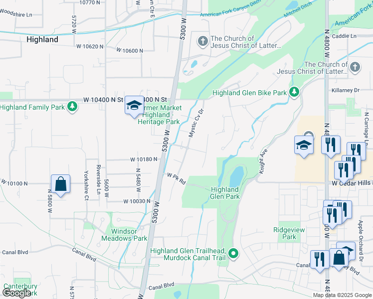 map of restaurants, bars, coffee shops, grocery stores, and more near 10229 North Mystic Drive in Highland