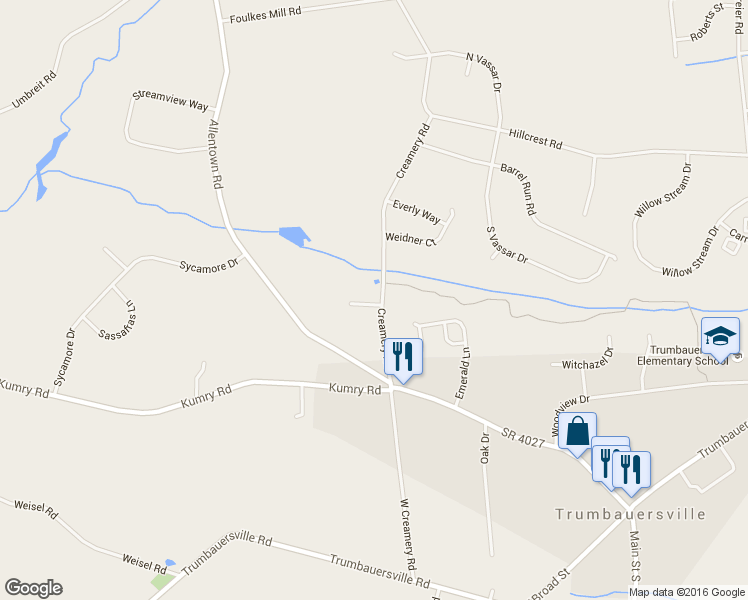 map of restaurants, bars, coffee shops, grocery stores, and more near 1600 Lucas Court in Quakertown