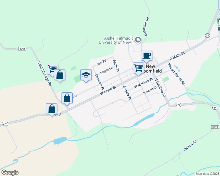 map of restaurants, bars, coffee shops, grocery stores, and more near 228 Pennsylvania 274 in New Bloomfield