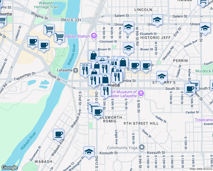 map of restaurants, bars, coffee shops, grocery stores, and more near 500 South Street in Lafayette