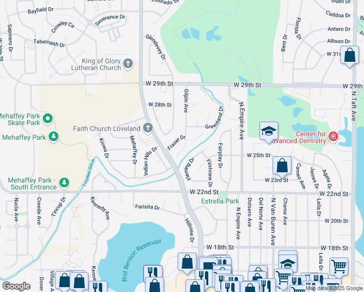 map of restaurants, bars, coffee shops, grocery stores, and more near 2541 Gilpin Court in Loveland