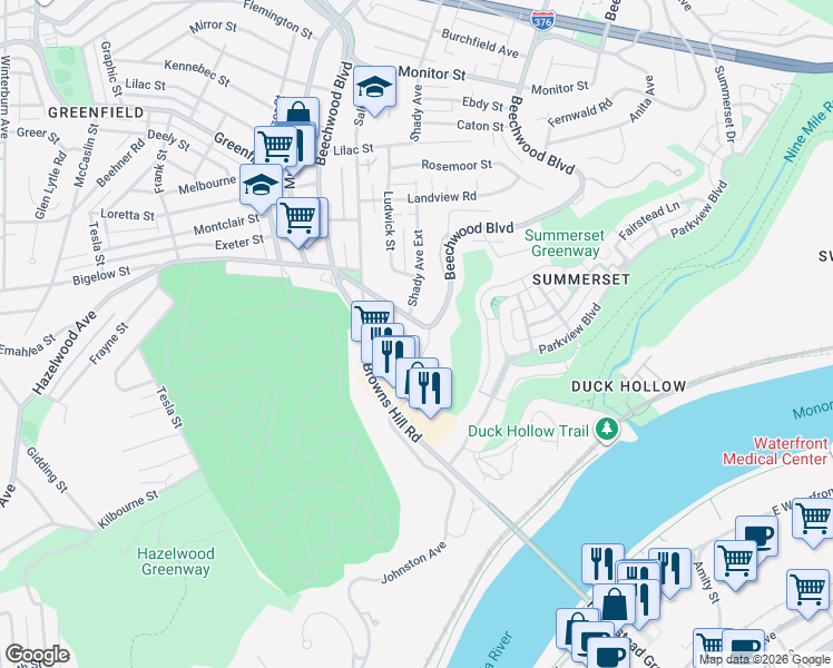 map of restaurants, bars, coffee shops, grocery stores, and more near 3245 Beechwood Boulevard in Pittsburgh