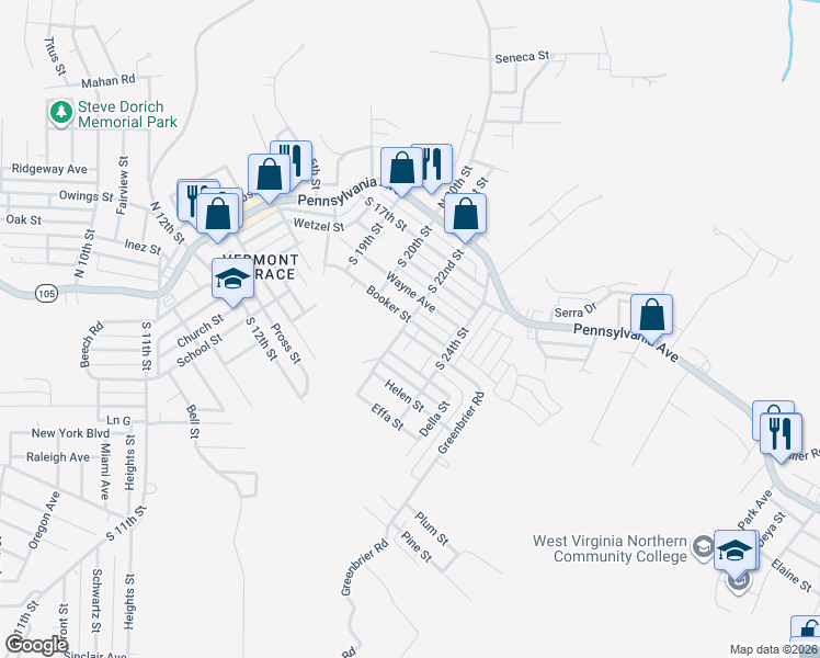 map of restaurants, bars, coffee shops, grocery stores, and more near 424 Booker Street in Weirton