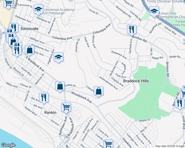 map of restaurants, bars, coffee shops, grocery stores, and more near 125 Montana Ave in Pittsburgh
