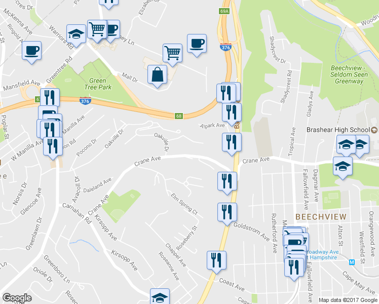 map of restaurants, bars, coffee shops, grocery stores, and more near 1108 Crane Ave in Pittsburgh