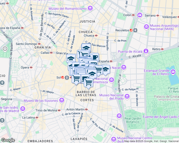 map of restaurants, bars, coffee shops, grocery stores, and more near 20 Calle de Alcalá in Madrid