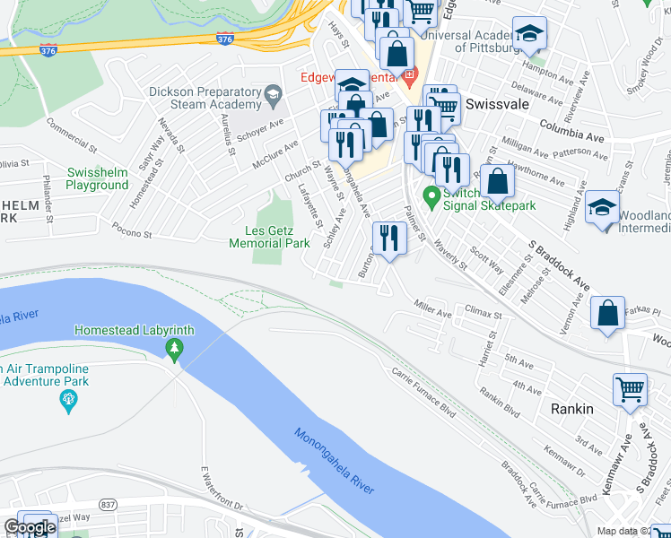 map of restaurants, bars, coffee shops, grocery stores, and more near 7309 Denniston Avenue in Pittsburgh