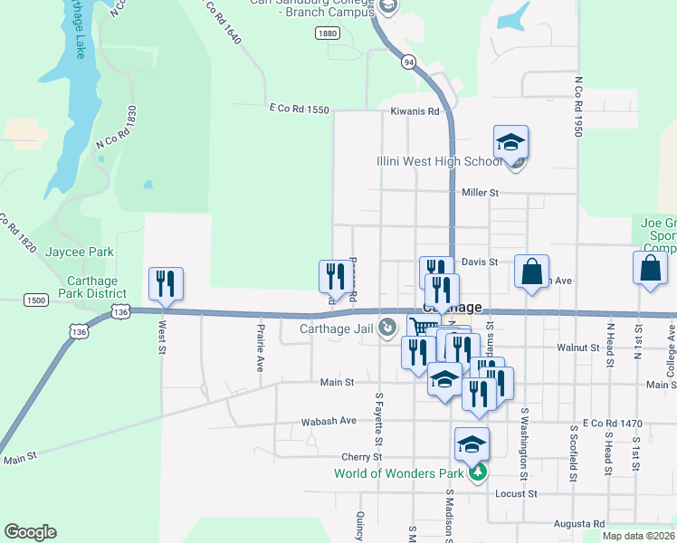 map of restaurants, bars, coffee shops, grocery stores, and more near 238 Dallas Road in Carthage