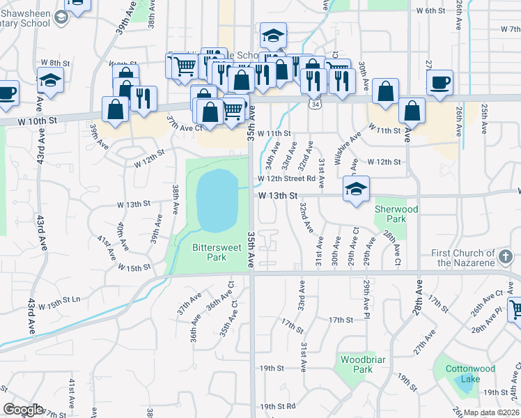 map of restaurants, bars, coffee shops, grocery stores, and more near 3420 West 13th Street in Greeley