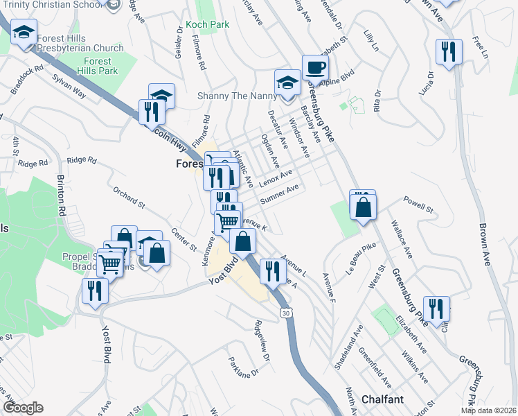 map of restaurants, bars, coffee shops, grocery stores, and more near 705 Atlantic Avenue in Pittsburgh