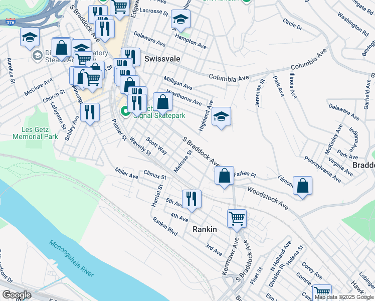 map of restaurants, bars, coffee shops, grocery stores, and more near 2415 Woodstock Avenue in Pittsburgh
