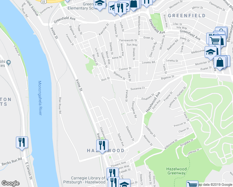 map of restaurants, bars, coffee shops, grocery stores, and more near 182 Home Rule Street in Pittsburgh