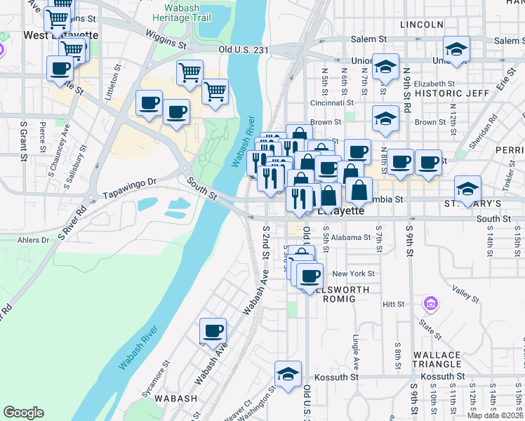 map of restaurants, bars, coffee shops, grocery stores, and more near 8 North 3rd Street in Lafayette