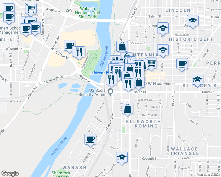map of restaurants, bars, coffee shops, grocery stores, and more near 75 South Street in Lafayette