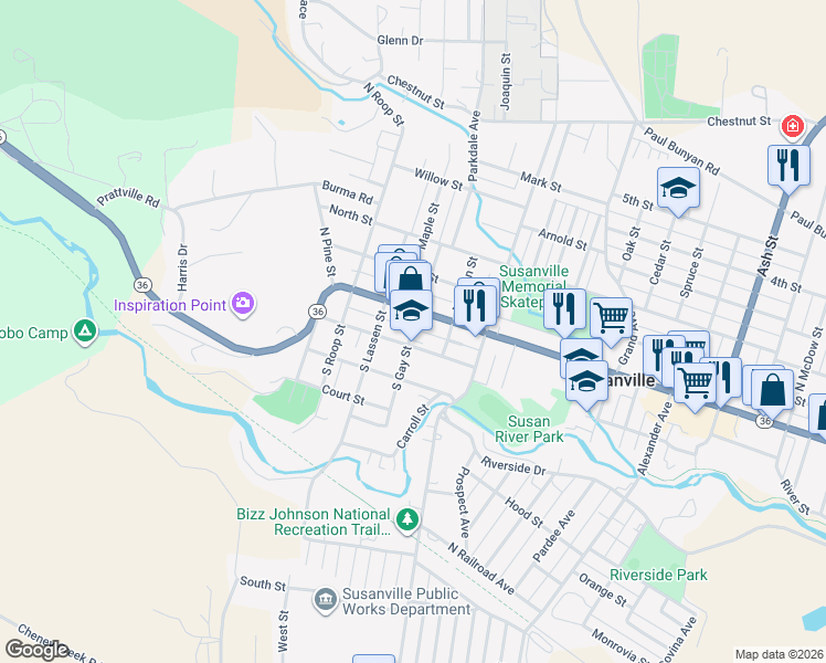 map of restaurants, bars, coffee shops, grocery stores, and more near 71 South Gay Street in Susanville