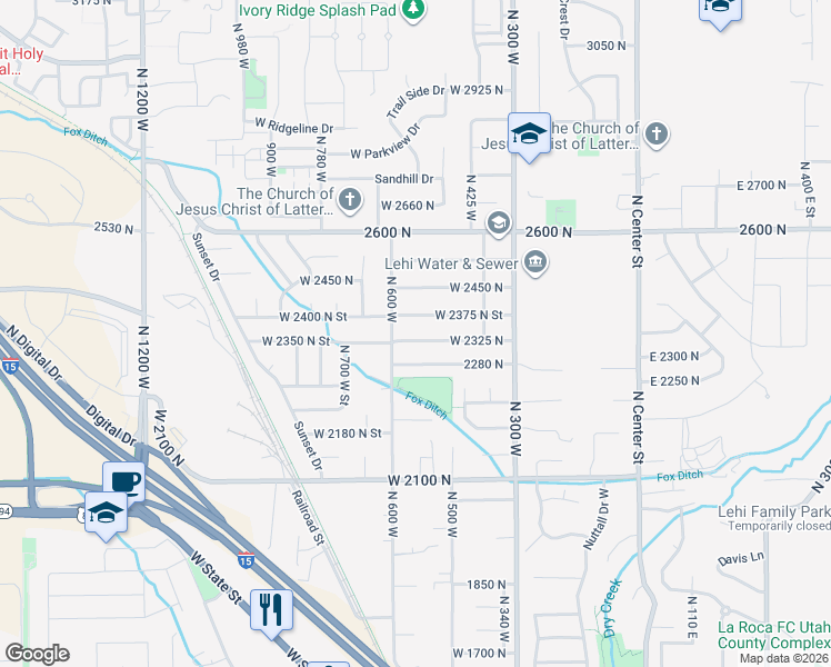 map of restaurants, bars, coffee shops, grocery stores, and more near 548 West 2325 North in Lehi