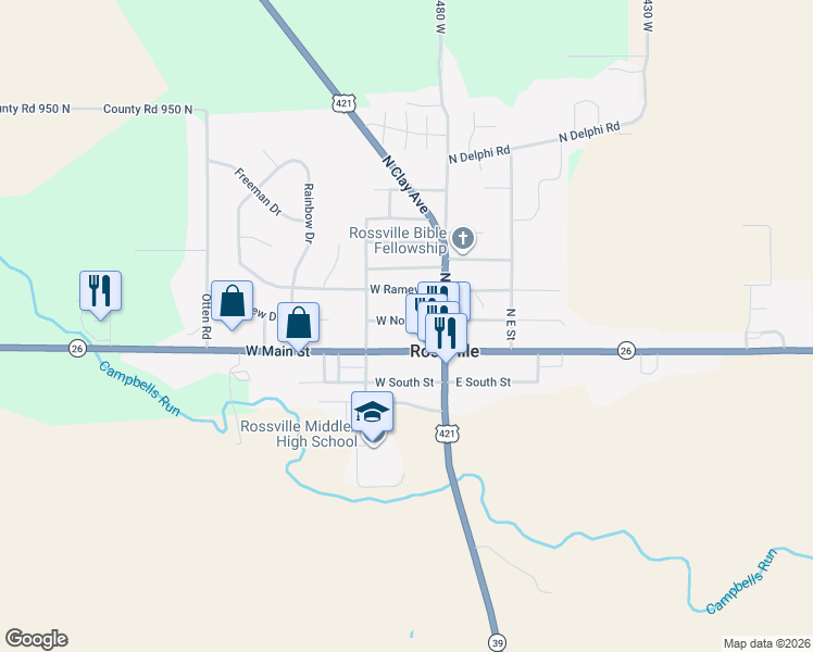 map of restaurants, bars, coffee shops, grocery stores, and more near 55 West North Street in Rossville