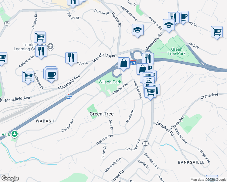 map of restaurants, bars, coffee shops, grocery stores, and more near 60 Rhodes Avenue in Pittsburgh