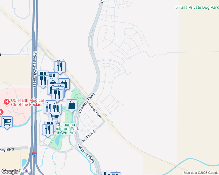 map of restaurants, bars, coffee shops, grocery stores, and more near Centerra Parkway in Loveland