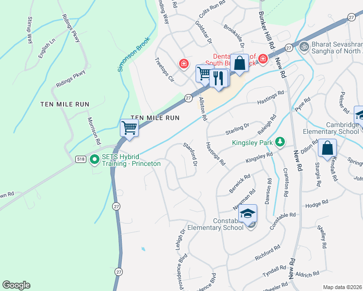 map of restaurants, bars, coffee shops, grocery stores, and more near 22 Stanford Drive in South Brunswick Township
