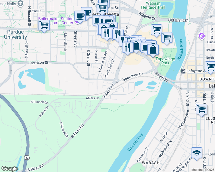 map of restaurants, bars, coffee shops, grocery stores, and more near 427 South River Road in West Lafayette