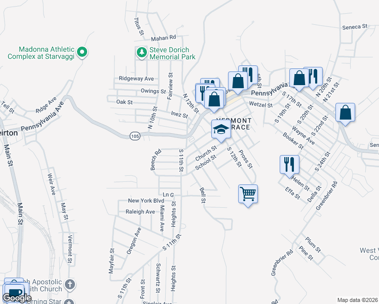 map of restaurants, bars, coffee shops, grocery stores, and more near 105 Church Street in Weirton