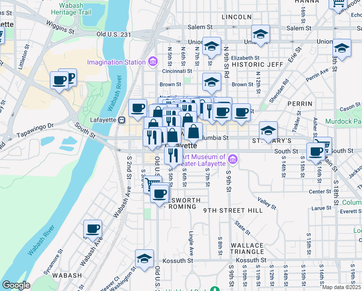 map of restaurants, bars, coffee shops, grocery stores, and more near in Lafayette