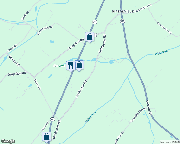 map of restaurants, bars, coffee shops, grocery stores, and more near 6810 Old Easton Road in Bucks County