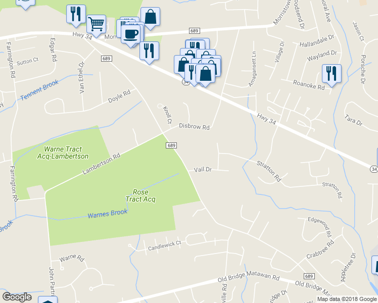 map of restaurants, bars, coffee shops, grocery stores, and more near 190 Amboy Road in Matawan
