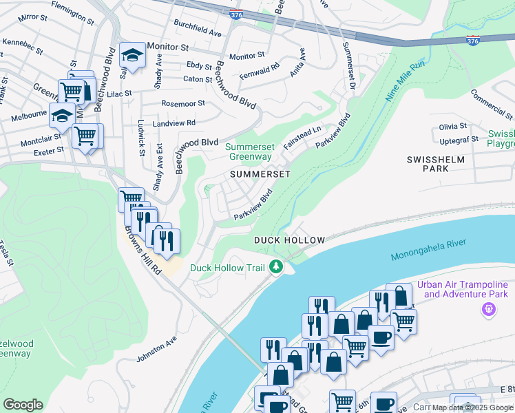 map of restaurants, bars, coffee shops, grocery stores, and more near 1876 Parkview Boulevard in Pittsburgh