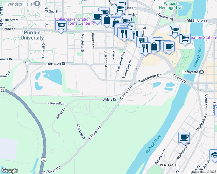 map of restaurants, bars, coffee shops, grocery stores, and more near 422 South Grant Street in West Lafayette