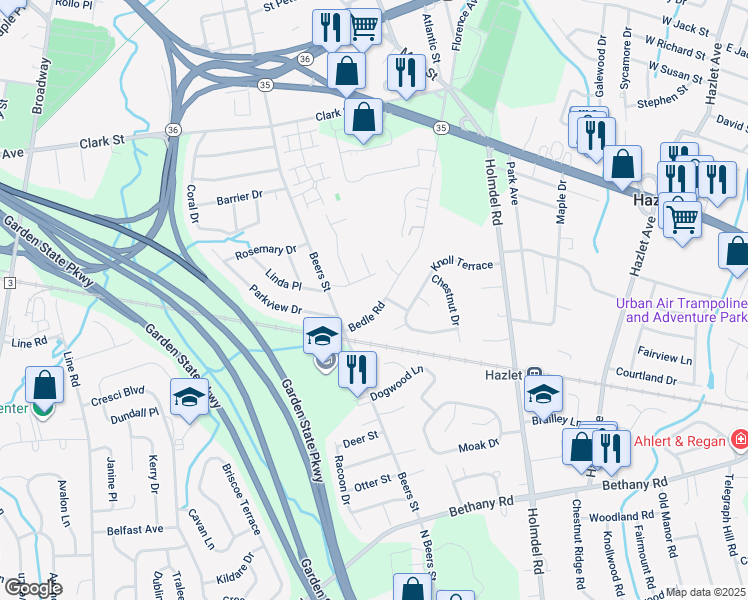 map of restaurants, bars, coffee shops, grocery stores, and more near 7 Bedle Road in Hazlet