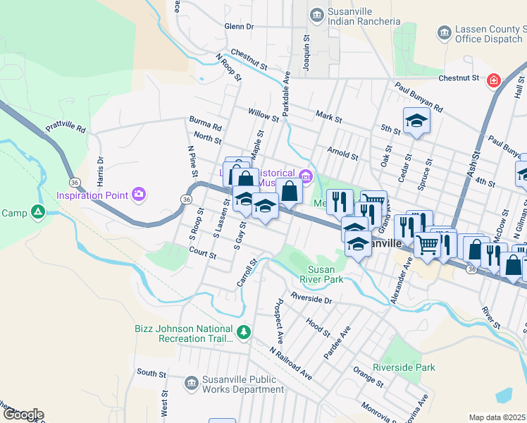 map of restaurants, bars, coffee shops, grocery stores, and more near 807 Cottage Street in Susanville