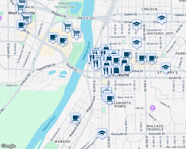 map of restaurants, bars, coffee shops, grocery stores, and more near 8 North 3rd Street in Lafayette