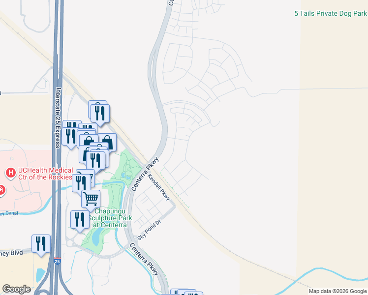 map of restaurants, bars, coffee shops, grocery stores, and more near Centerra Parkway in Loveland