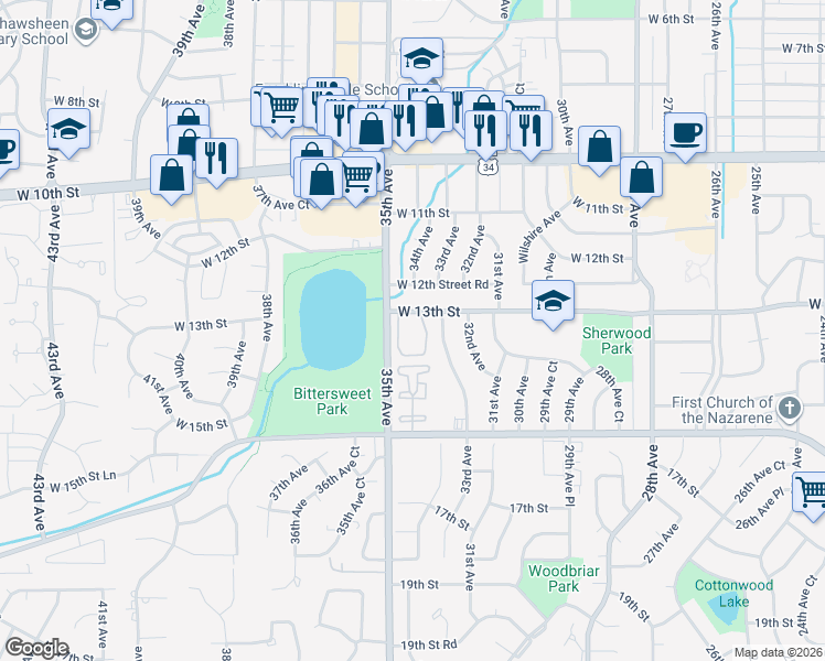 map of restaurants, bars, coffee shops, grocery stores, and more near 3420 West 13th Street in Greeley