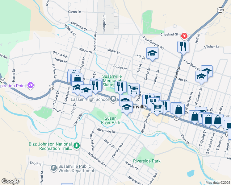 map of restaurants, bars, coffee shops, grocery stores, and more near 1107 Main St in Susanville