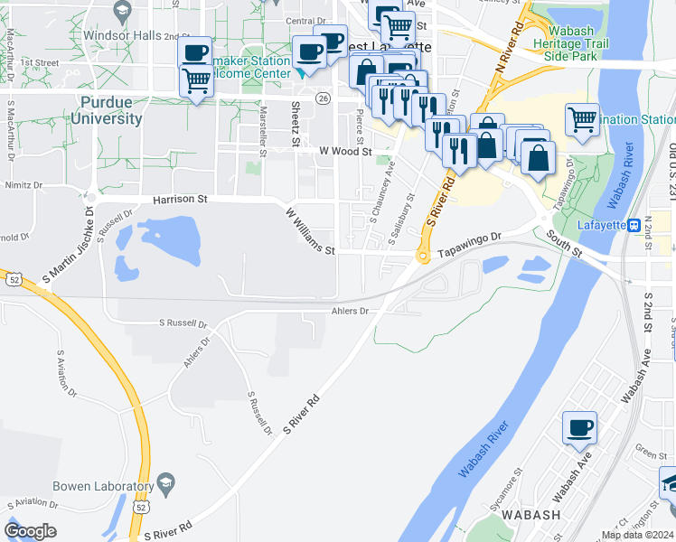 map of restaurants, bars, coffee shops, grocery stores, and more near 426 South Grant Street in West Lafayette