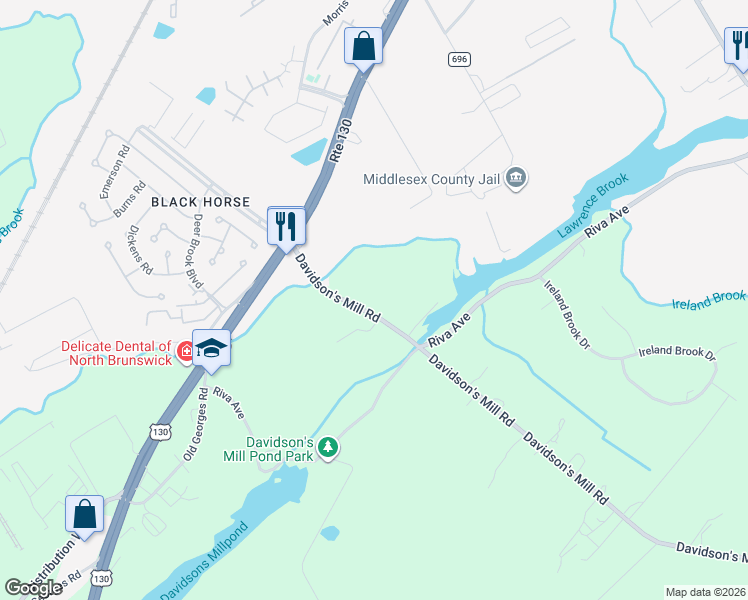 map of restaurants, bars, coffee shops, grocery stores, and more near 21 Davidson's Mill Road in North Brunswick Township