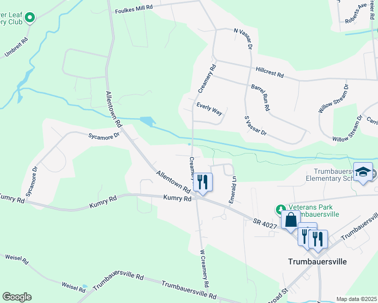 map of restaurants, bars, coffee shops, grocery stores, and more near 1600 Lucas Court in Quakertown